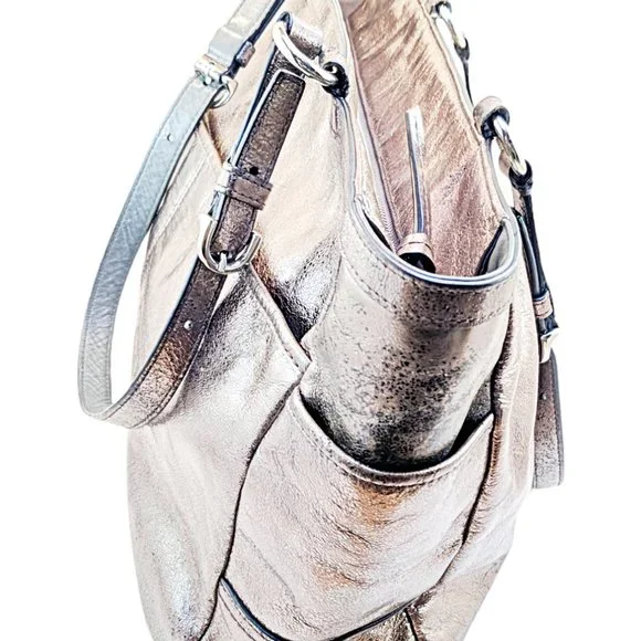 COACH Gallery East West Metallic Pewter Leather Shoulder Tote Bag F17722 - Picture 4 of 7